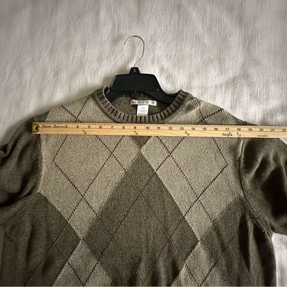 Geoffrey Beene Sweater Mens L Green Brown Argyle Crewneck Cotton Pullover Preppy - Picture 4 of 6